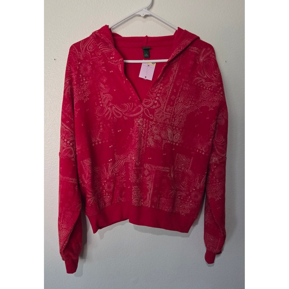 Womens Split Neck French Terry Pullover Sweatshirt Hood Wild Fable Red Paisley M - Picture 2 of 13